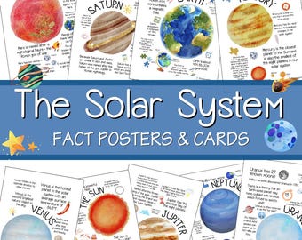 Op de afbeelding: Educatieve posters en kaarten over het zonnestelsel. Elke kaart toont een aquarel illustratie van een planeet, waaronder Mars, Saturnus, Aarde, Mercurius, Venus, de Zon, Jupiter, Neptunus en Uranus, met feiten.