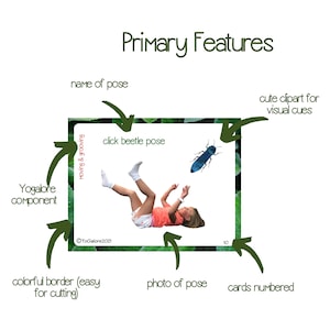 May include: A green and white illustrated card with a colorful border. The card features a photo of a child doing a yoga pose called "click beetle pose". The card is numbered 10 and includes a cute clipart image of a beetle.