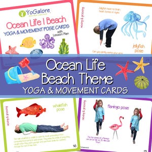 Tarjetas de posturas de yoga y movimiento de animales marinos/vida oceánica con plan de lección