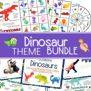 Dinosaur Theme Bundle: Dinosaur Yoga, Memory and Spinner Game with Fun Facts About Dinosaurs Posters; Dinosaur Theme Activities