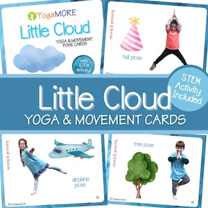 May include: A set of colorful yoga and movement cards for kids featuring illustrations of a cloud, airplane, tree, and hat. The cards are designed to help children learn yoga poses and improve their coordination. The cards include the text "Little Cloud Yoga & Movement Cards" and "STEM Activity Included".