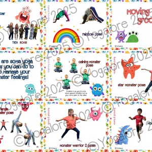 Pu&ograve; includere: Un set di carte colorate stampabili che presentano pose di yoga per bambini. Ogni carta ha un tema di mostro e include istruzioni per la posa. Le carte sono progettate per aiutare i bambini a gestire le loro emozioni.