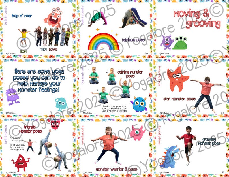 Pu&ograve; includere: Un set di carte colorate stampabili che presentano pose di yoga per bambini. Ogni carta ha un tema di mostro e include istruzioni per la posa. Le carte sono progettate per aiutare i bambini a gestire le loro emozioni.