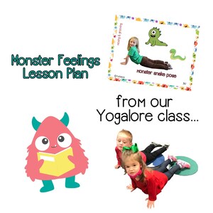 Pu&ograve; includere: Un mostro rosa con corna e piedi verdi tiene un libro giallo. Due bambini stanno facendo una posa di yoga chiamata "posa del serpente mostro" da una carta di yoga. La carta ha un mostro verde con un serpente giallo. Il testo sulla carta dice "posa del serpente mostro". Il testo sull'immagine dice "Monster Feelings Lesson Plan" e "from our Yogalore class..."