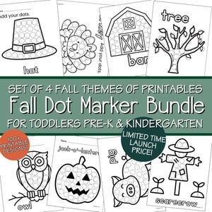 May include: A collection of printable dot marker activity sheets with autumn themes, designed for toddlers and pre-school/kindergarten children. The pages depict a hat, turkey, barn, tree, owl, pumpkin, pig, and scarecrow. Includes over 100 designs.