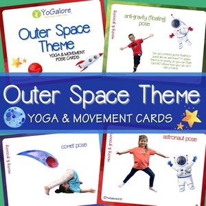 Tarjetas de yoga imprimibles con tema del espacio exterior para niños