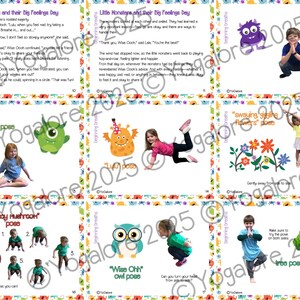 Pu&ograve; includere: Un set di carte stampabili colorate che presentano pose di yoga per bambini. Ogni carta ha un'illustrazione di mostro o animale e una descrizione della posa. Le carte sono intitolate "Little Monsters and their Big Feelings Day".