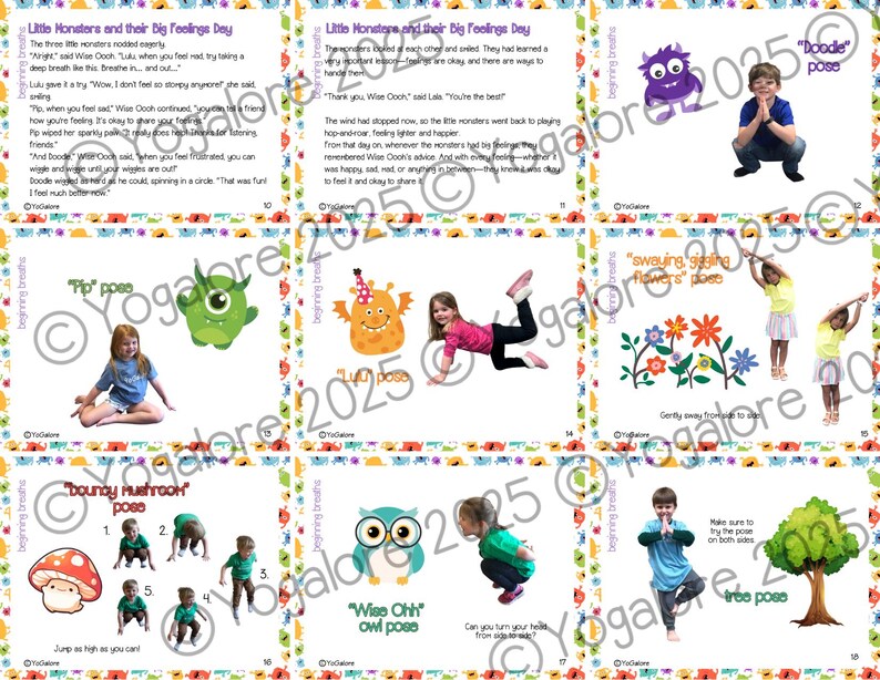 Pu&ograve; includere: Un set di carte stampabili colorate che presentano pose di yoga per bambini. Ogni carta ha un'illustrazione di mostro o animale e una descrizione della posa. Le carte sono intitolate "Little Monsters and their Big Feelings Day".