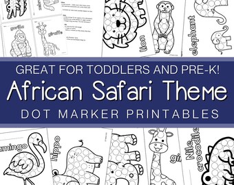 Pode incluir: Imprimíveis de marcadores de pontos em preto e branco com um tema de safari africano. A imagem inclui ilustrações de um leão, girafa, elefante, hipopótamo e outros animais. O texto diz "GREAT FOR TODDLERS AND PRE-K! African Safari Theme DOT MARKER PRINTABLES."