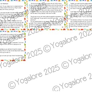 Pu&ograve; includere: Un set di tre carte colorate con un'illustrazione fantasiosa di mostri in un'avventura. Le carte raccontano una storia divertente di un viaggio attraverso un prato magico, un fiume di cioccolato e una foresta di funghi rosa e soffici. Il testo sulle carte incoraggia i lettori a respirare profondamente, chiudere gli occhi e immaginare di essere in questa fantastica avventura.