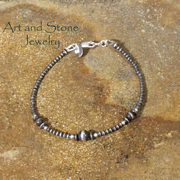 Dainty Southwestern Oxidized Sterling Silver Navajo Style Pearls Bracelet "Diamond Head"