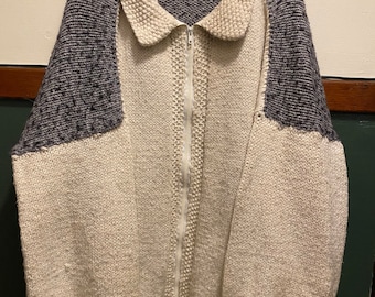 Vintage White & Grey Hand-Knit Acrylic Cardigan