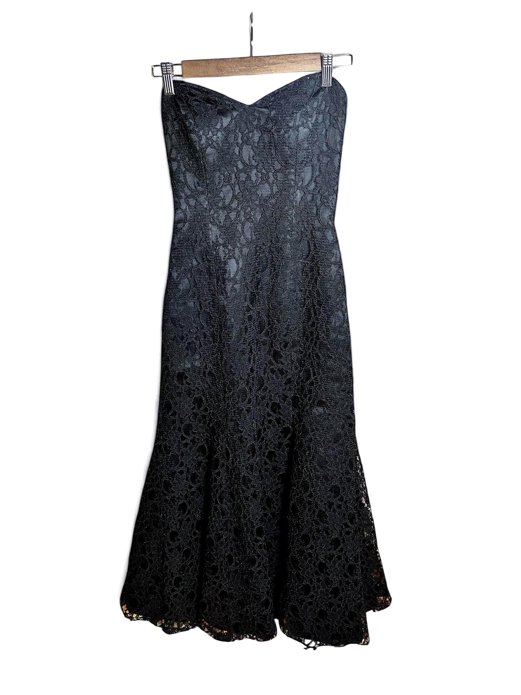 Vintage Mori Lee by Madeleine Gardner Black Lace Strapless Gown – Gothic Formal Dress with Corset Back