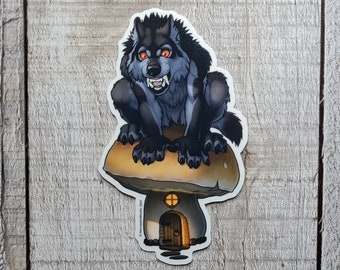 The Wee Bad Woof - Vinyl Sticker, Clear || Cute Werewolf, Weewoof, Mushroom, Halloween, Wolf, Cottage Core, Fairy Door, Laptop Decal
