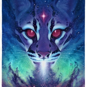 Stellaris - Pittura ad acquerello a tecnica mista // Ocelot spaziale, Gatto nebuloso, Stelle, Guazzo, Pastello duro, Colorato