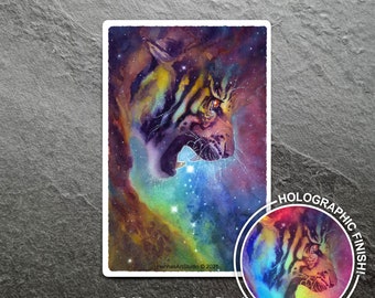 Fierce - Pegatina holográfica de vinilo // Tigre, Nebulosa, Espacio, Orgullo, Estrellas, Colorido, Brillante
