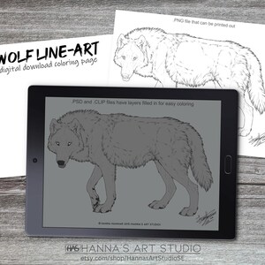 Wolf Line-art - Instant Digital Download Adoptable Base, Printable Coloring Page (PNG, PSD, and CLIP)