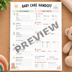 Peut inclure: Une feuille de papier blanche intitulée BABY CARE HANDOFF avec des illustrations pastel d'un soleil, d'un nuage et d'un ours. Le formulaire comprend des sections pour les détails du soignant, les contacts, l'alimentation, le sommeil et les journaux.