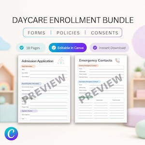 Pode incluir: Um pacote de inscrição para creche com 18 páginas de formulários, políticas e consentimentos editáveis. O documento inclui um pedido de admissão e uma folha de contactos de emergência com campos para informações.