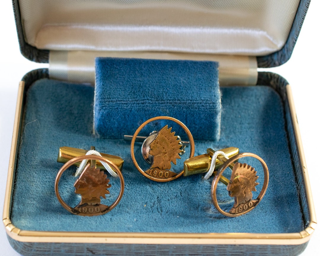 Vintage Harvey Avedon Indian Head Penny Cufflinks W/ Matching Tie Tac