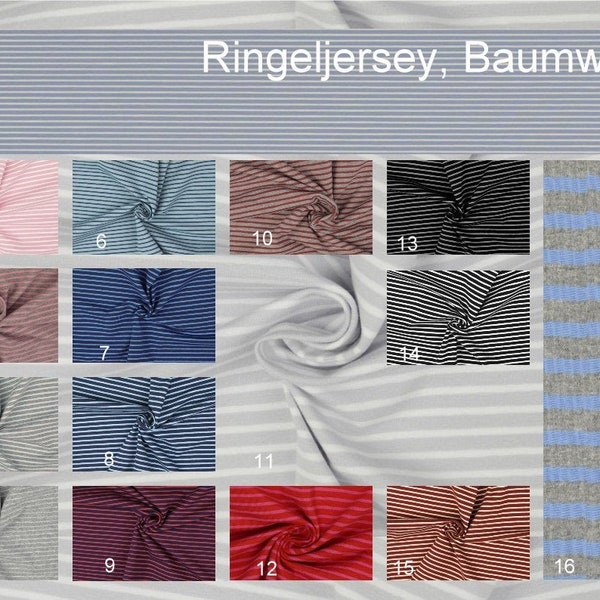 Baumwolljersey, Meterware Ringeljersey, geringelt in 16 verschiedenen Farben