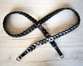 Hand Braided Black Leather Camera Strap, Italian Vegetable Tanned Leather