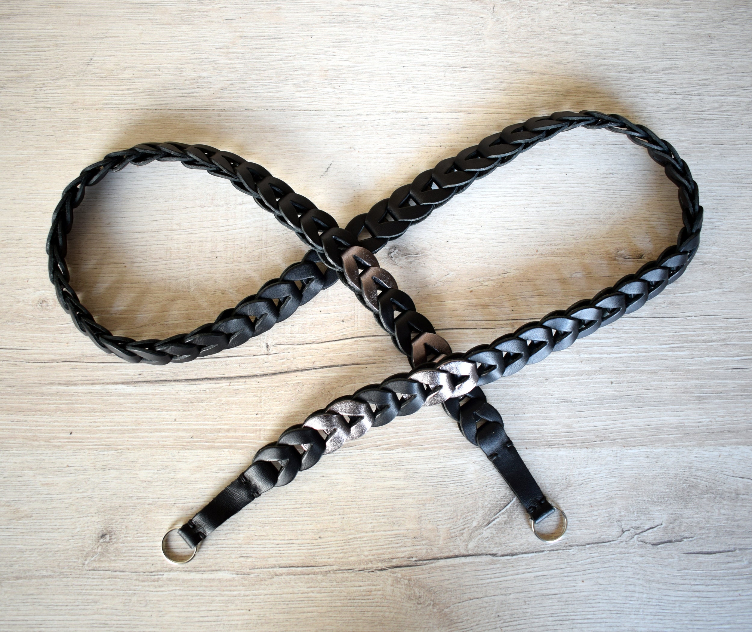 Hand Braided Leather Camera Strap: Black with Anthracite Details