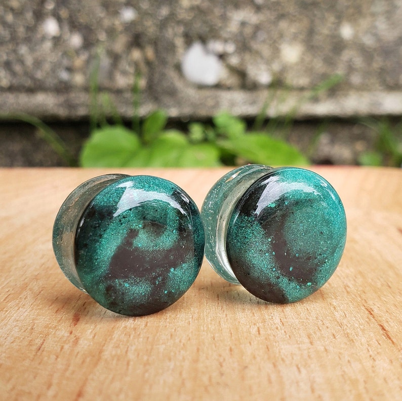 916 14mm Cute Plugs Teal and Black Swirl Plug 34 19mm Handmade Plug Double Flare 0g Resin Plug 58 16mm 00g Swirl Gauges