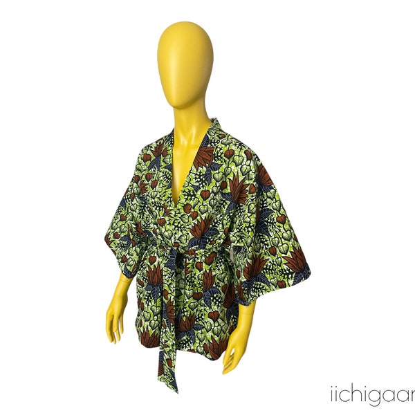 Veste africaine éthique et faite main en tissu wax vrai coton, kimono en tissu wax, manteau léger en coton, imprimé fleuri, veste légère