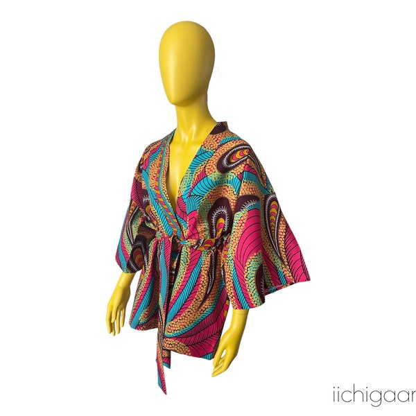 Veste légère en pur coton tissu wax africain, kimono africain en pagne coloré