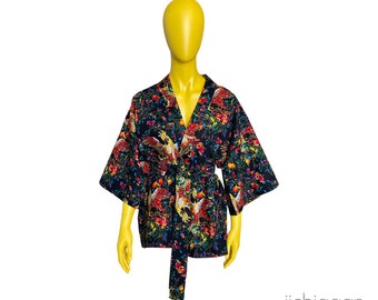 Kimono-Jacke aus afrikanischem Stoff aus reiner Baumwolle, leichte Jacke aus bedruckter Baumwolle, Vogelstoff, geblümter Stoff, leichter Baumwollmantel, Wax-Kimono