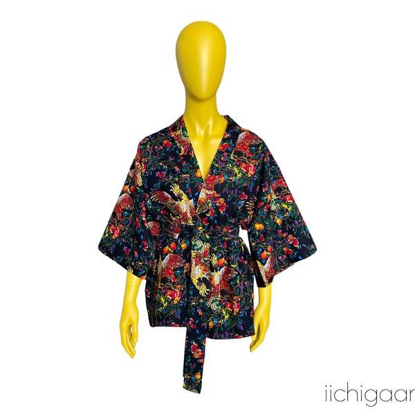 Veste kimono en tissu africain pur coton, veste légère en coton imprimé, tissu oiseaux, tissu fleuri, manteau léger en coton, kimono en wax