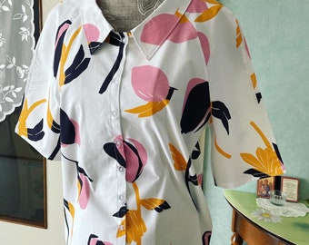 Chemise oversize, surchemise femme, chemise en coton fleuri, chemise manches courtes satin de coton, haut boutonné en pur coton, haut femme