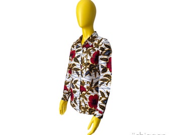 Chemise en tissu Wax pur coton fleurs d’hibiscus blanc, African print shirt slowfashion ethnic and ethic