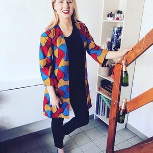 Long jacket in pure cotton wax fabric with satin lining, lightweight coat in ethnic fabric, African artisanal jacket, exotic Ankara wax cardigan