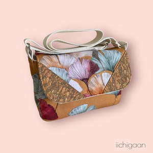 Sac bandoulière à rabat en tissu Ginkgo sac artisanal français sac besace femme besace femme sac fait main sac femme bi-matière liège cadeau