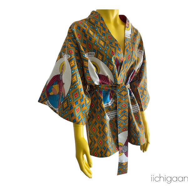 Kimono court wax religieux, veste kimono en coton imprimé, veste en tissu africain, kimono en tissu imprimé baroque, tissu religieux