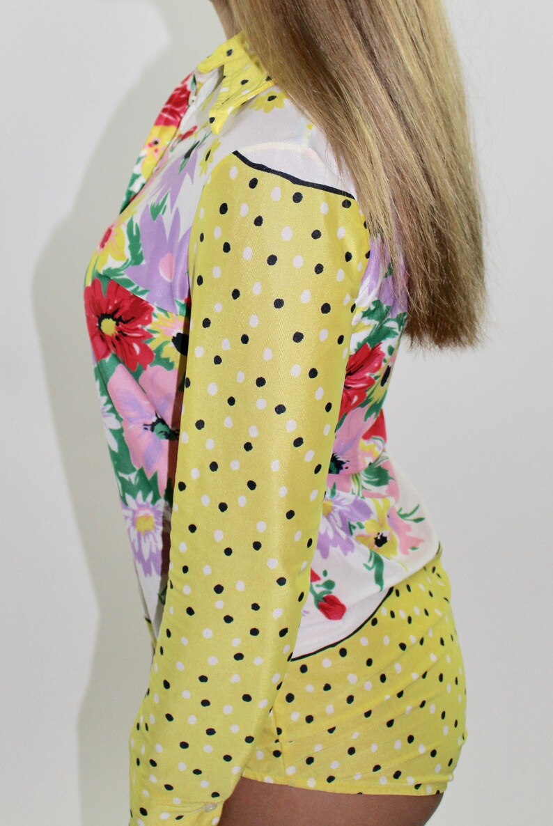 Vintage 1970s Long Sleeve Bodysuit 70s Retro Yellow Catsuit Polka Dots Floral Print Collared Top Nylon Size M Medium S Small