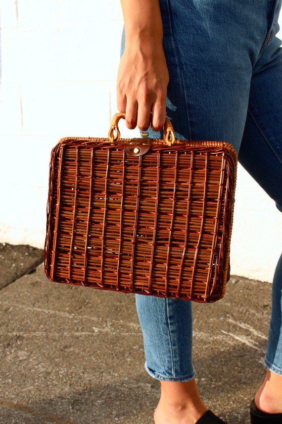 60s Vintage Wicker Basket Bag Top Handle Box Purs… - image 4