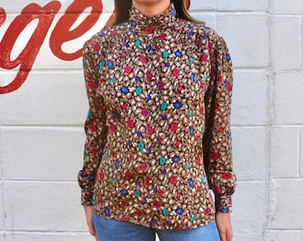 80s Vintage Blouse Long-Sleeve High-Neck Womens Top Abstract Floral Pattern with Beige Taupe and Jewel Tones Size Medium M Large L