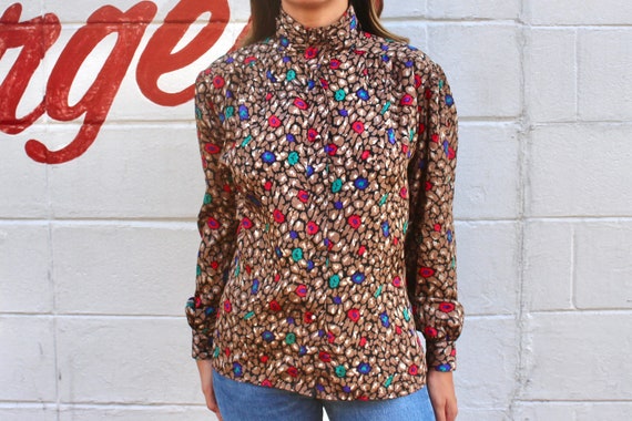 80s Vintage Blouse Long-Sleeve High-Neck Womens T… - image 1