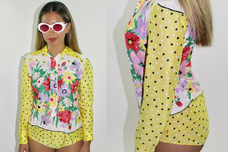 Vintage 1970s Long Sleeve Bodysuit 70s Retro Yellow Catsuit Polka Dots Floral Print Collared Top Nylon Size M Medium S Small