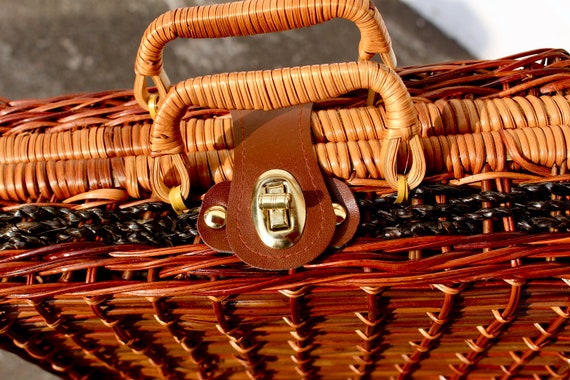 60s Vintage Wicker Basket Bag Top Handle Box Purs… - image 5