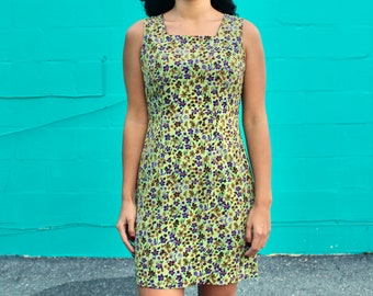 90s Vintage Dress Sleeveless Mini Sheath Green Multi Color Micro Floral Print Square Neckline Size S Small M Medium