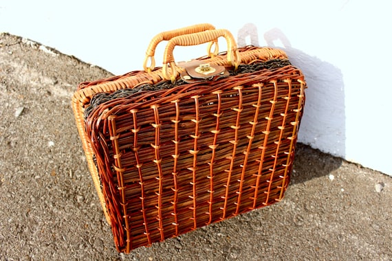 60s Vintage Wicker Basket Bag Top Handle Box Purs… - image 8