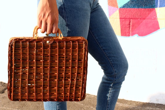 60s Vintage Wicker Basket Bag Top Handle Box Purs… - image 3