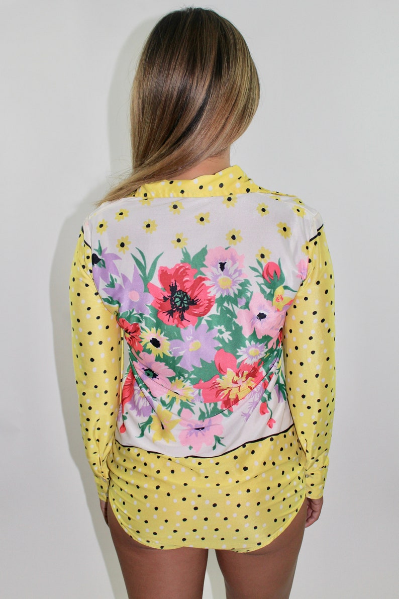 Vintage 1970s Long Sleeve Bodysuit 70s Retro Yellow Catsuit Polka Dots Floral Print Collared Top Nylon Size M Medium S Small
