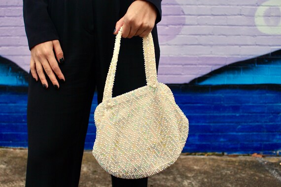 60s Vintage Purse Top-Handle Bag Cream Pearl Muli-