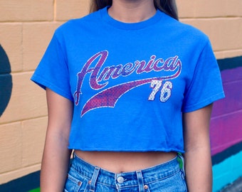 90s/Y2K Vintage T-Shirt Cropped America 76 Text Graphic Tee Casual Americana Street Style Retro Size S Small XS Extra Small