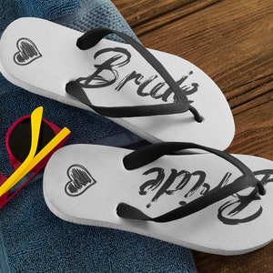 Bride Flip Flops for the Bride and Groom Beach Wedding Wedding Season Flip Flops for Him and Her Sandy Beach Wedding Flip Flops. image 4